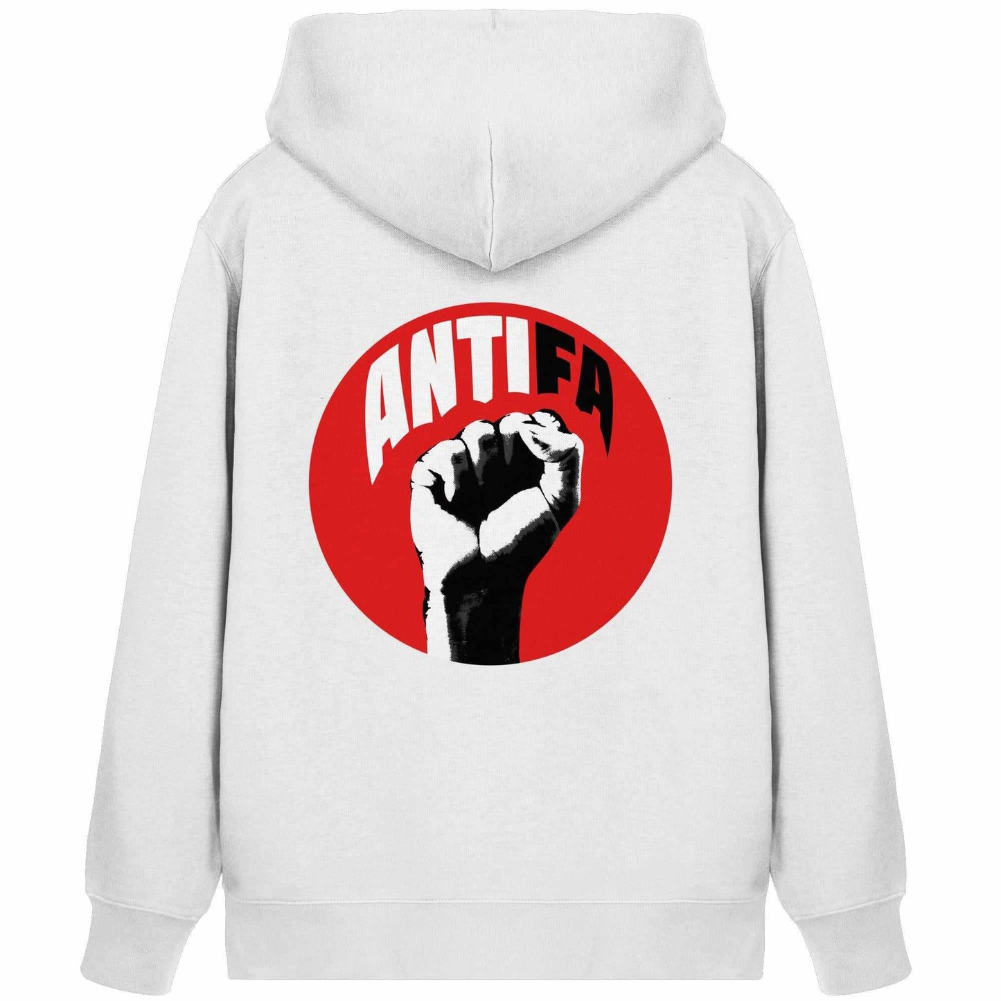 Vegan und Bio Zipper Hoodie: Antifa - Kampf gegen Rechts, zeigt roten Kreis mit erhobener Faust. Nachhaltiges Design aus Bio-Baumwolle und recyceltem Polyester.