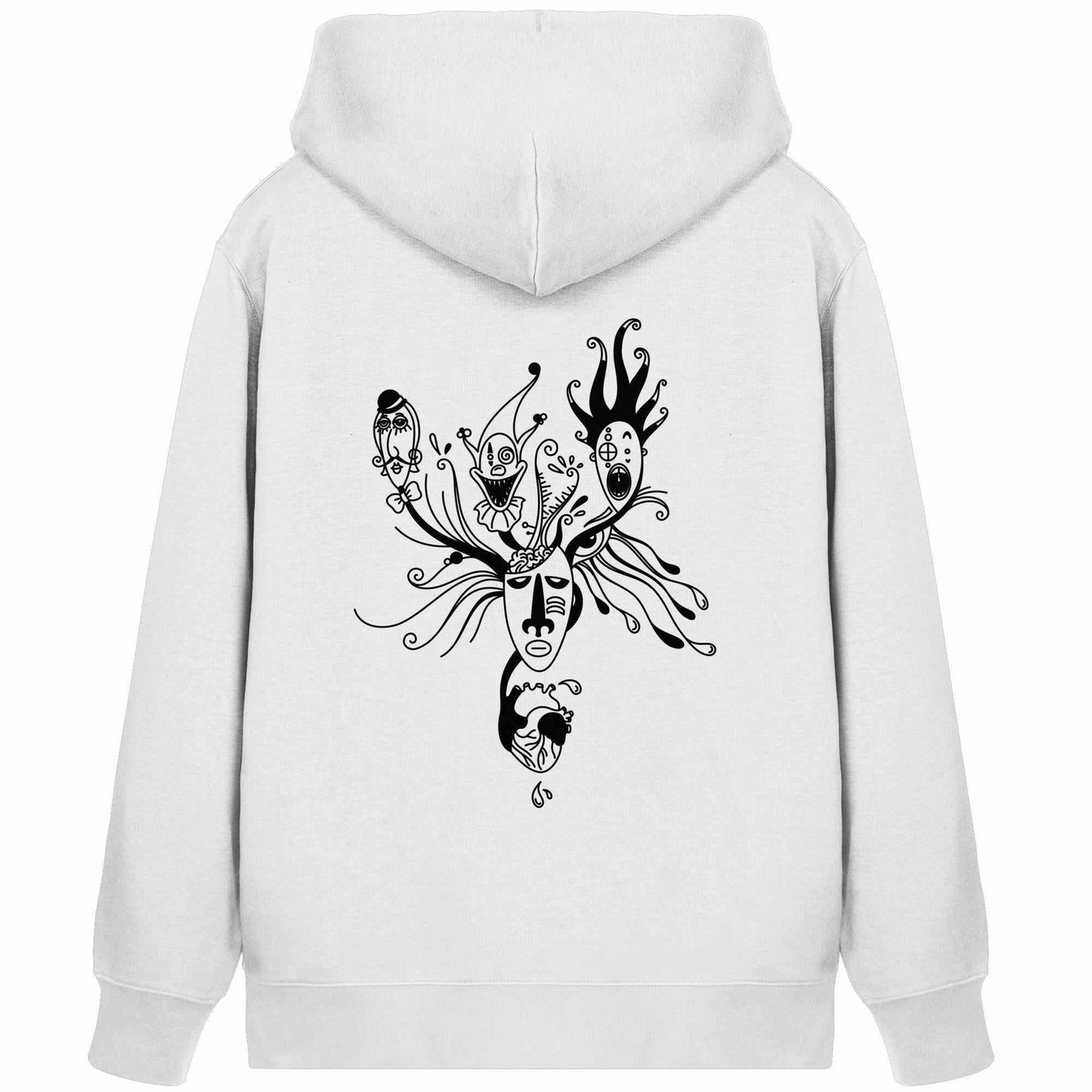 Vegan und Bio Zipper Hoodie mit schwarzem Gesichtsmotiv, thematisiert mentale Gesundheit und Identität, aus Bio-Baumwolle und recyceltem Polyester, normaler Schnitt.