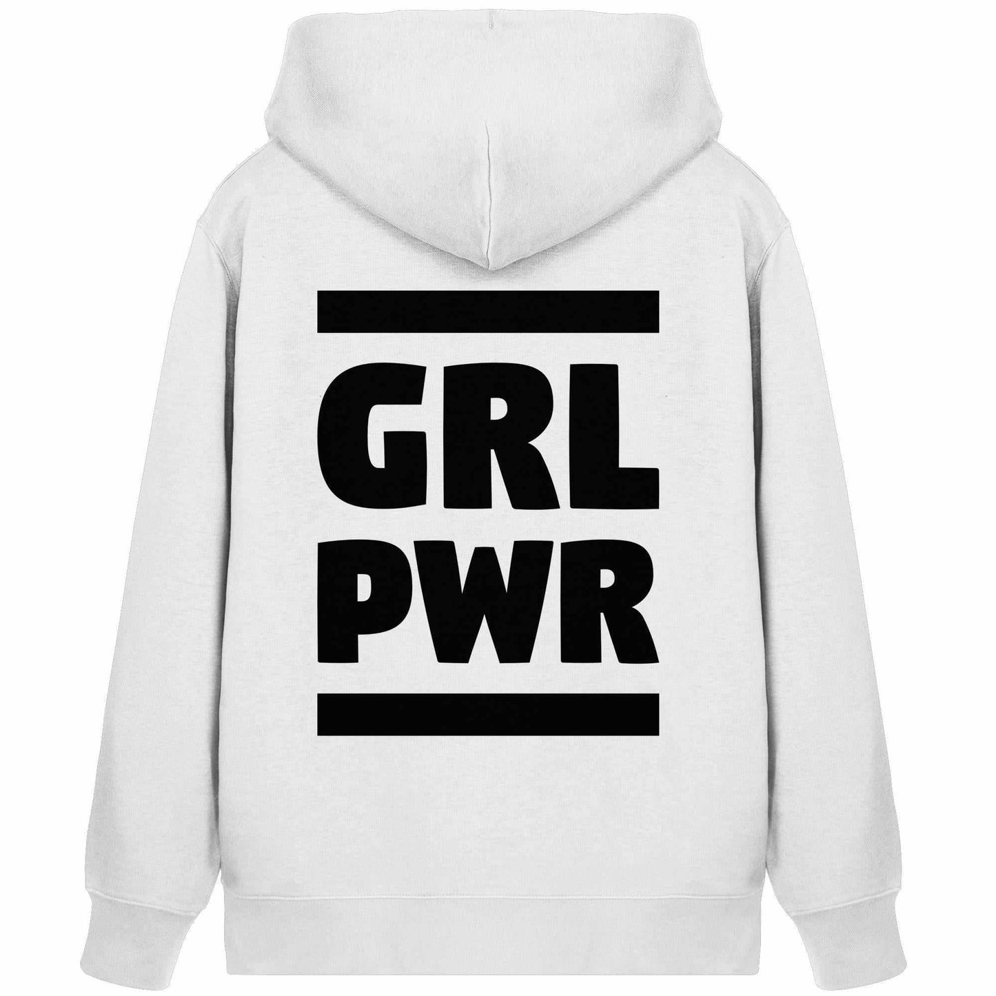 Vegan und Bio Zipper Hoodie: GIRL POWER mit schwarzem Text, feministische Botschaft auf weißem Hoodie, Kapuze, Kängurutasche, nachhaltige Materialien.