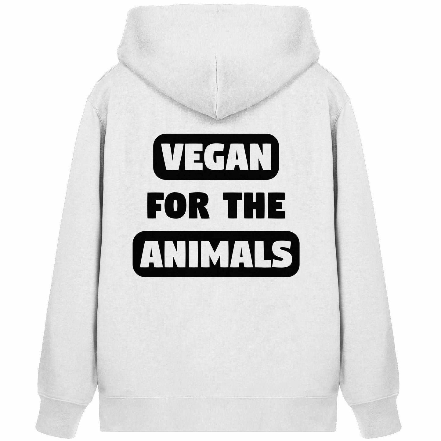 Vegan und Bio Zipper Hoodie: VEGAN FOR THE ANIMALS, weiß, mit schwarzem Text, Kapuze, Kängurutasche, Reißverschluss; nachhaltige Materialien, rebellisches Design von RUDE REBEL.