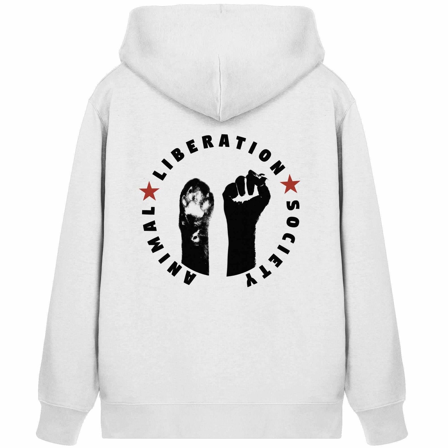 Vegan und Bio Zipper Hoodie mit schwarzem Aufdruck von Faust und Pfote, symbolisiert Tierbefreiung, mit Kängurutasche und Kapuze, aus Biobaumwolle und recyceltem Polyester.