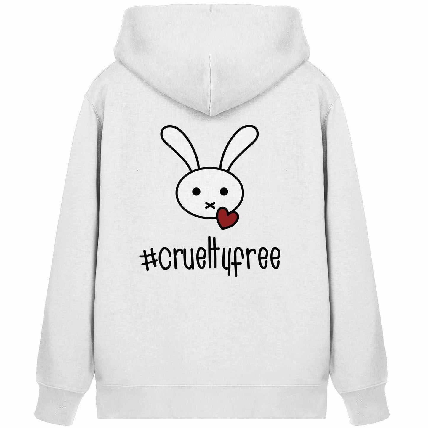 Vegan und Bio Zipper Hoodie: Crueltyfree Bunny BIG, mit aufgedrucktem Cartoon-Hasen, der ein Herz im Mund hält; nachhaltig gefertigt aus Bio-Baumwolle und recyceltem Polyester.