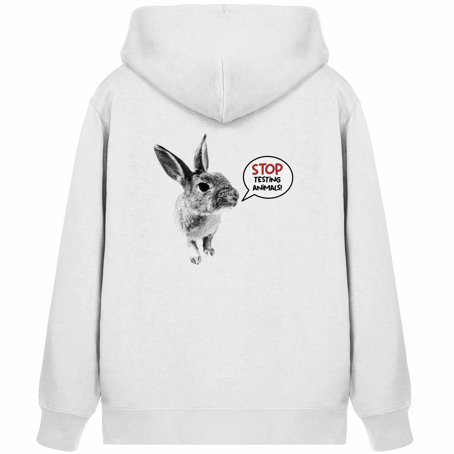 Vegan und Bio Zipper Hoodie mit Häschenmotiv und der Aussage STOP ANIMAL TESTING!, aus Biobaumwolle und recyceltem Polyester, von RUDE REBEL.