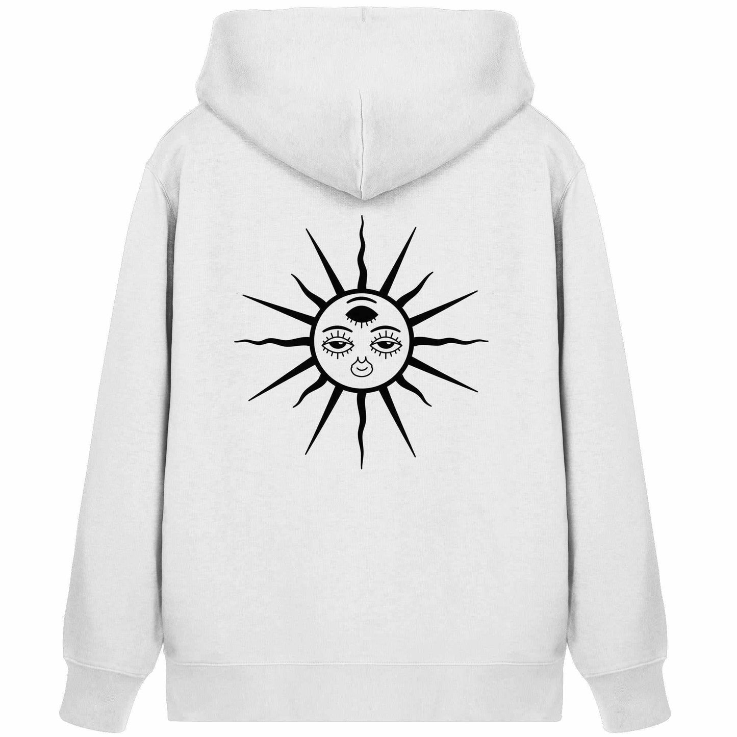 Vegan und Bio Zipper Hoodie: The Sun - Third Eye Awakening, zeigt ein schwarz-weißes Sonnendesign mit drei Augen, ideal für Goa Raves, aus Bio-Baumwolle und recyceltem Polyester.