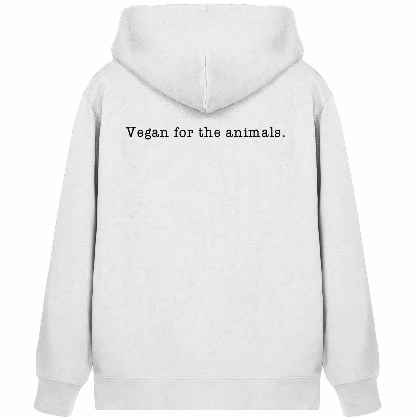 Vegan und Bio Zipper Hoodie mit minimalistischem Design. Weißer Hoodie mit schwarzem Text, nachhaltige Materialien, Kängurutasche und Kapuze. Ideal für umweltbewusste, vegane Mode.