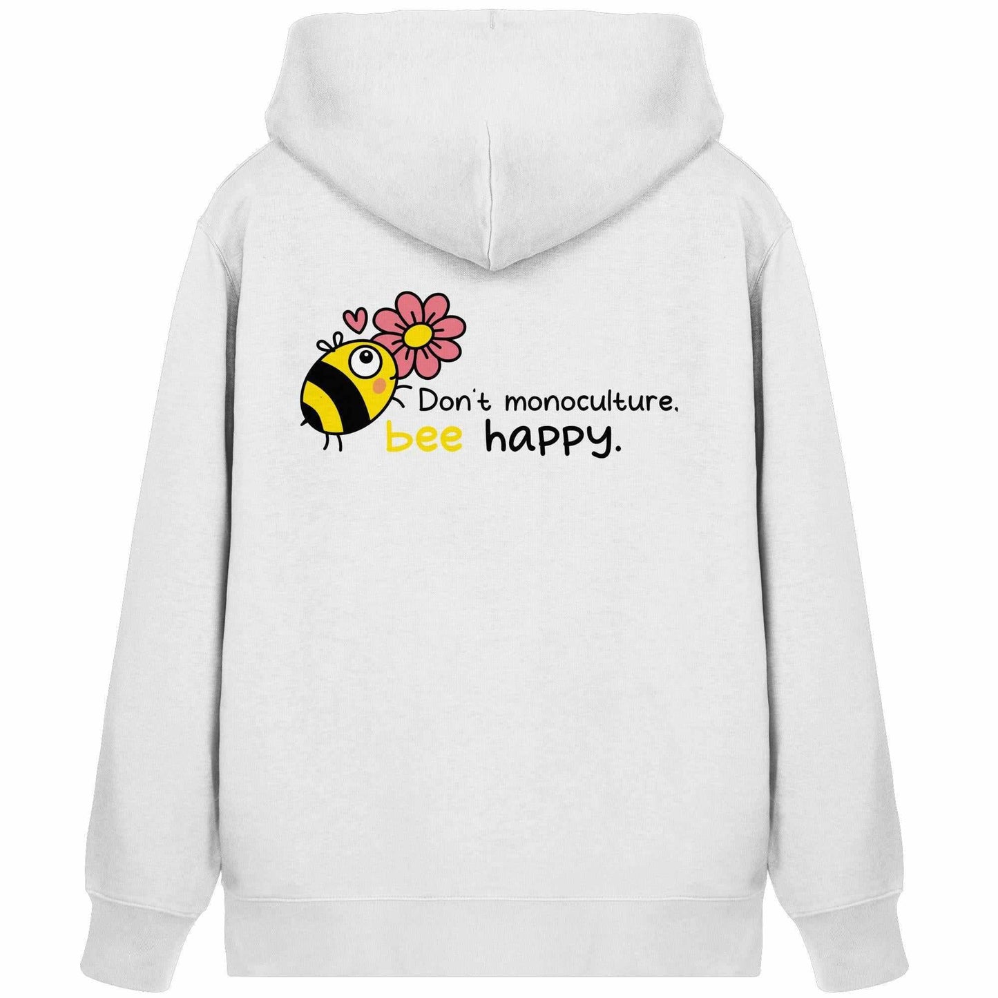 Vegan und Bio Zipper Hoodie: Save the bees, weiß mit Bienen- und Blumenmotiv, nachhaltige Materialien, Kapuze mit Kordel, Kängurutasche, von RUDE REBEL.