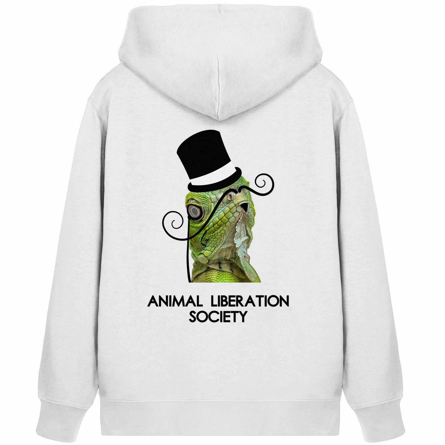 Vegan und Bio Zipper Hoodie: Sir Reptile - Animal Liberation Society, zeigt einen stilisierten, huttragenden Echsenkopf, symbolisiert Tierrechte und Nachhaltigkeit.