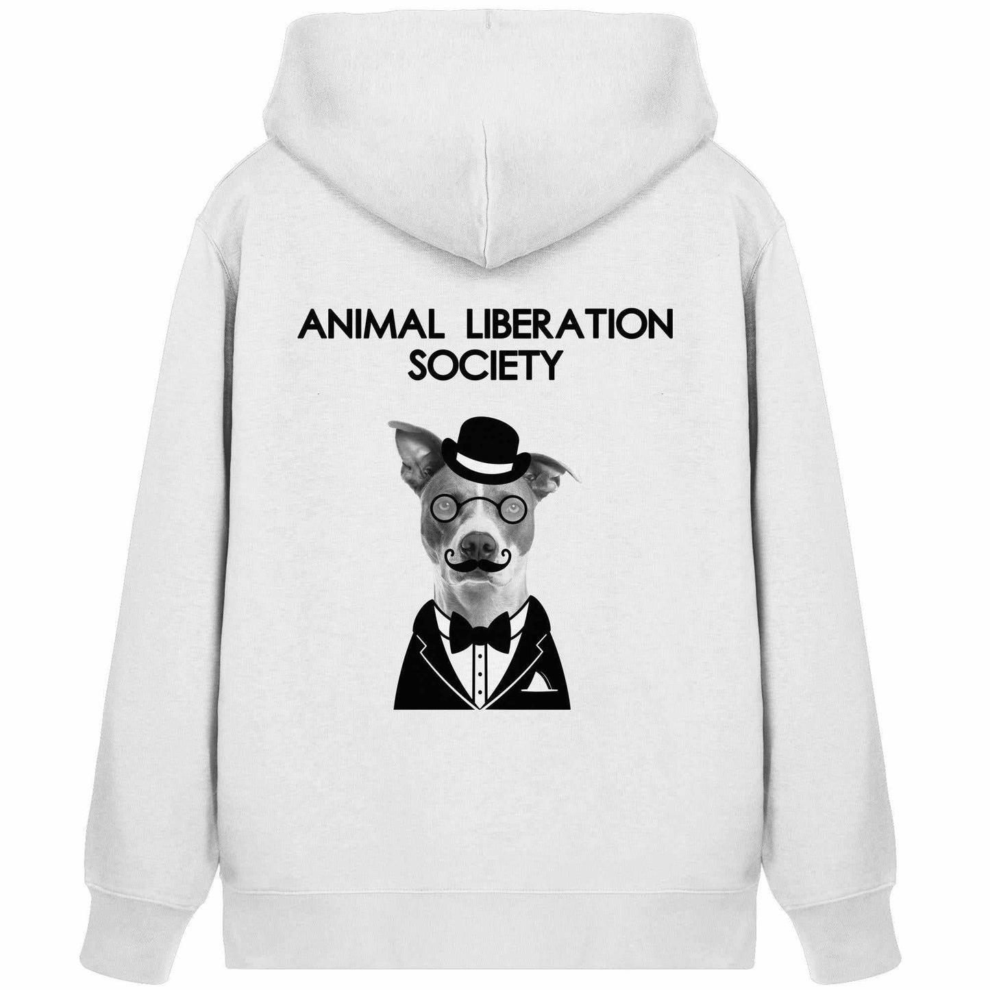 Vegan und Bio Zipper Hoodie: Mr. Dog - Animal Liberation Society mit Hundegrafik in Brille und Hut, rebellisches Design der Marke RUDE REBEL.