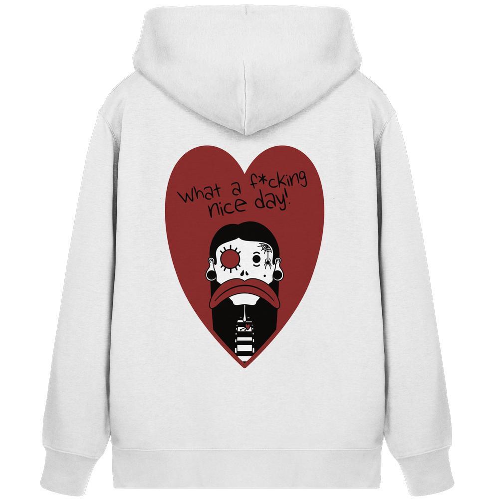 Kapuzen-Sweatshirt (weiß) mit rotem Herz-Print und trauriger Figur auf der Rückseite