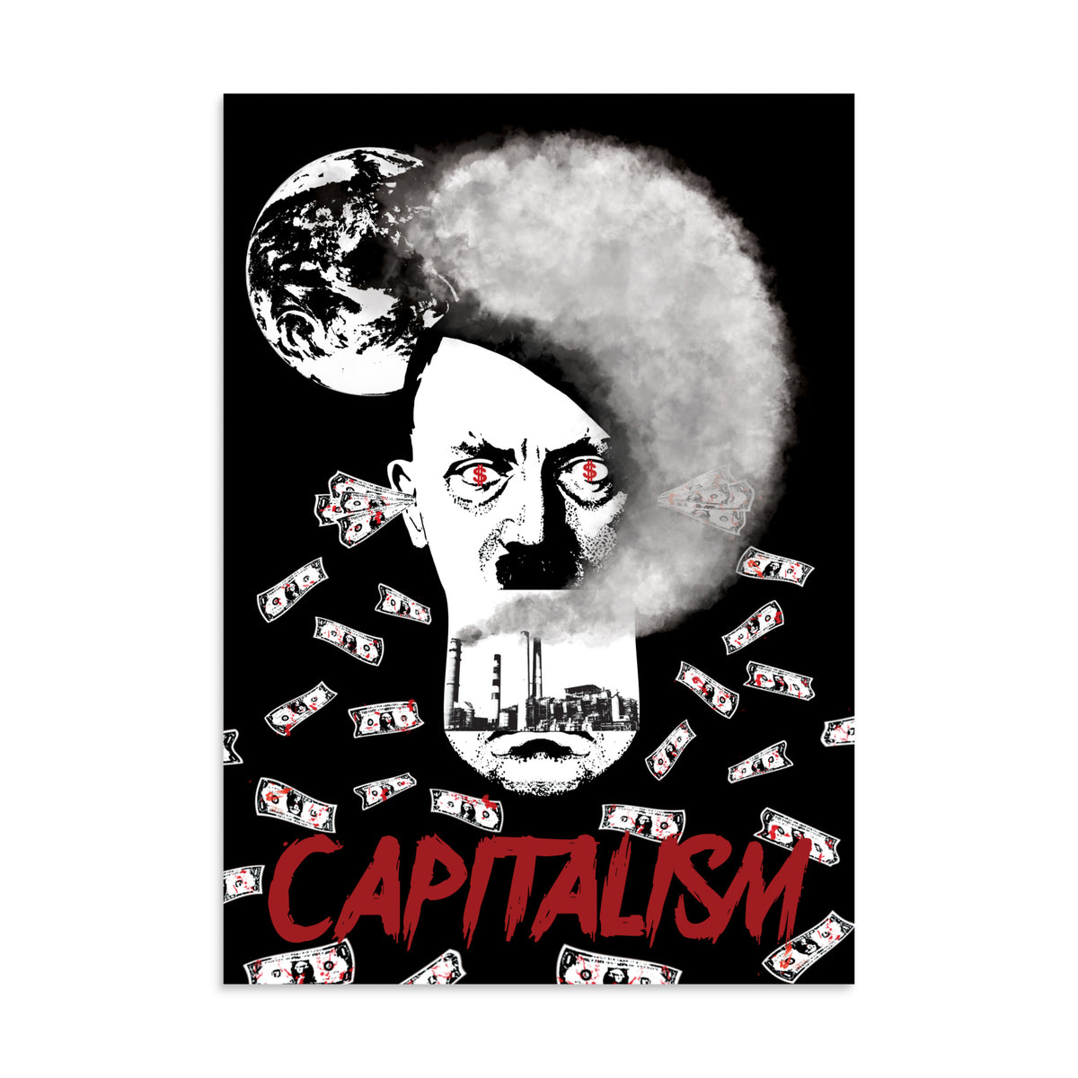 Veganes Poster mit Porträt, Rauchwolke und rotem Schriftzug „CAPITALISM“