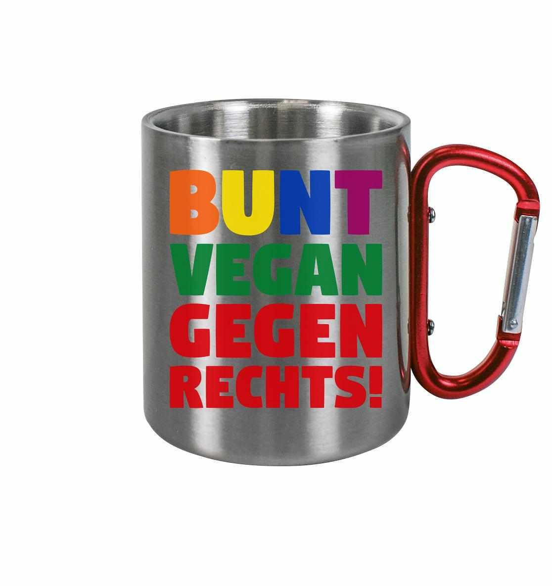 Edelstahl-Tasse mit rotem Karabinergriff, inspiriert von Wir bleiben bunt!-Demo, vegan und umweltfreundlich, ideal für Outdoor-Aktivitäten.