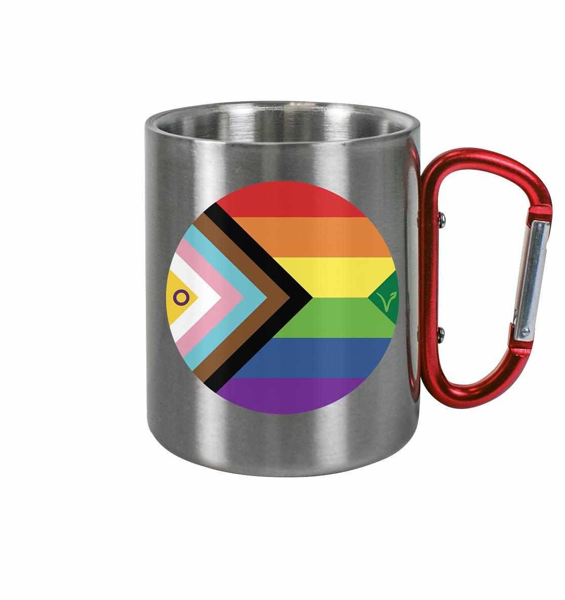 Vegan und Öko Outdoor Edelstahl Tasse mit Karabiner: LGBTQAI+ VEGAN BIG, zeigt ein regenbogenfarbenes Logo mit Fisch, bruchfest und rostfrei.