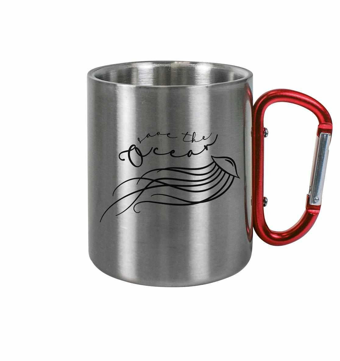 Vegan und Öko Outdoor Edelstahl Tasse mit Karabiner: Save the Ocean - Minimalist Jellyfish, silber mit rotem Henkel, ideal für umweltbewusste Aktivisten.