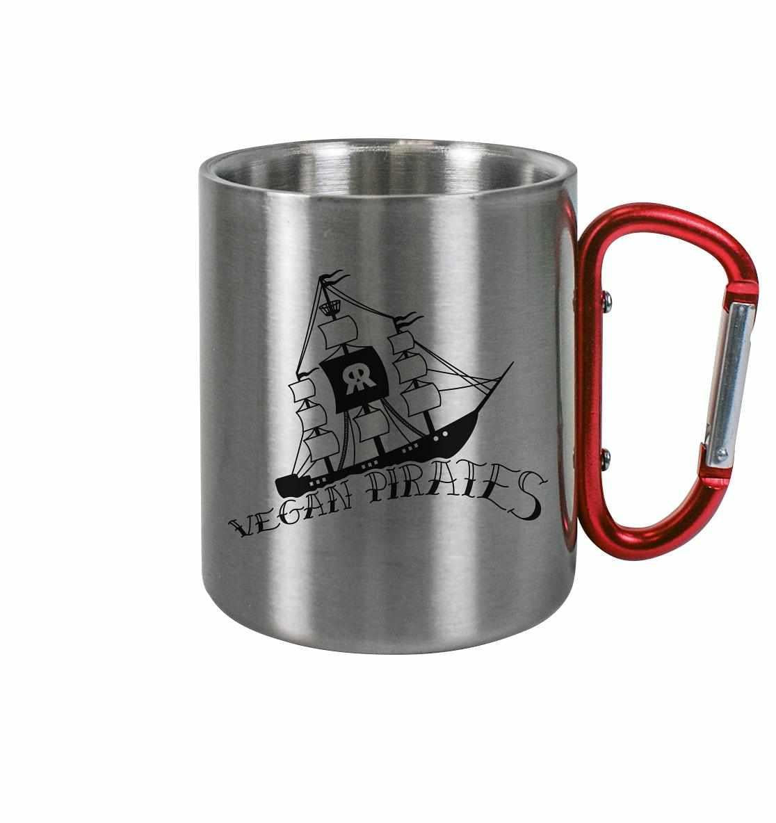 Vegan und Öko Outdoor Edelstahl Tasse mit rotem Karabiner, ideal für umweltbewusste Abenteuer. Glänzende Oberfläche, robust und rostfrei.