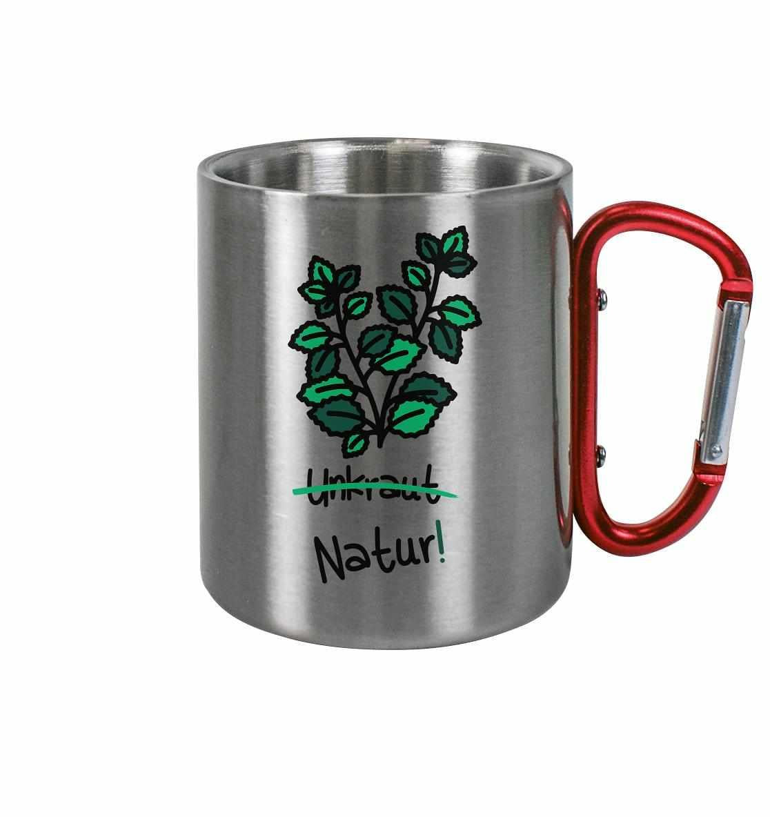 Vegan und Öko Outdoor Edelstahl Tasse mit rotem Karabiner, glänzend, bruchfest, 330 ml, inspiriert von Naturschutz und Nachhaltigkeit.