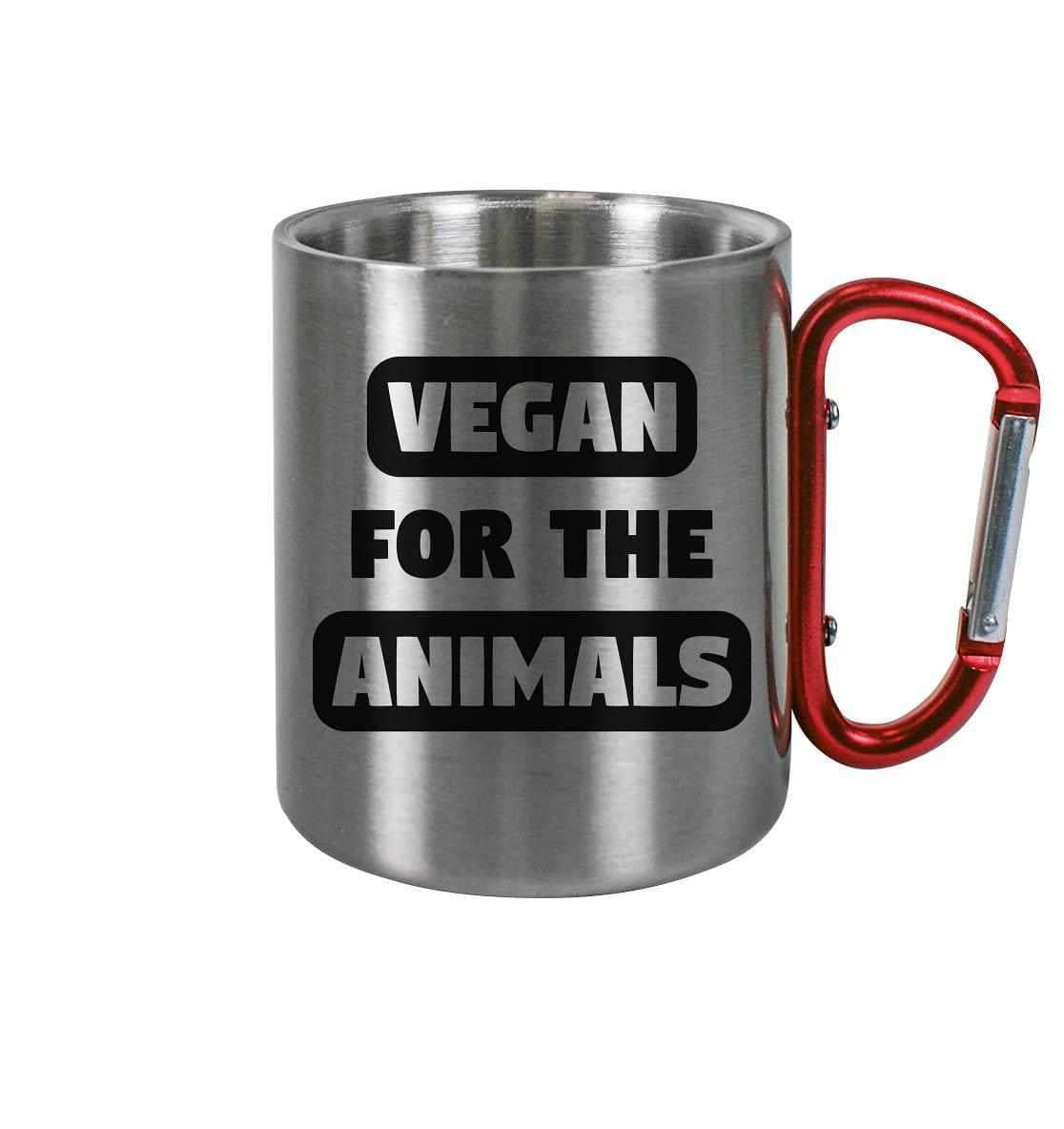 Vegan und Öko Outdoor Edelstahl Tasse mit rotem Karabinergriff, glänzend, bruchfest, rostfrei, ideal für Tierliebhaber und Unterstützer des Veganismus.