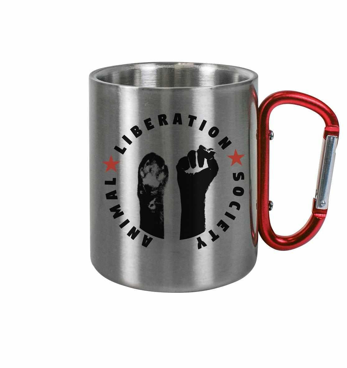 Vegan und Öko Outdoor Edelstahl Tasse mit rotem Karabinergriff, ideal für Tierrechtsunterstützung. Bruchsicher, rostfrei, 330 ml Fassungsvermögen. Perfekt für umweltbewusste Abenteurer.