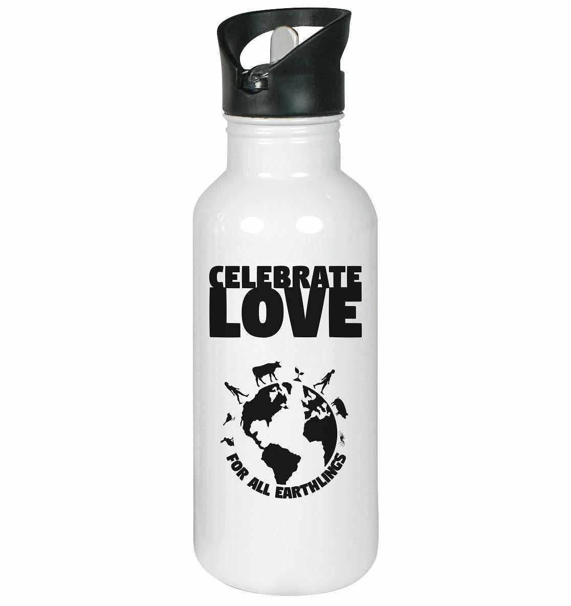 Vegan und Öko Edelstahl-Trinkflasche mit schwarzem Deckel, klappbarem Mundstück und Trinkhalm. Feiere Liebe für alle Erdlinge.