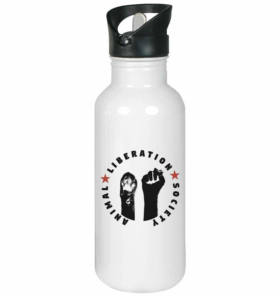 Vegan und Öko Edelstahl-Trinkflasche mit schwarzem Deckel, klappbarem Mundstück und Tiermotiv: Pfote und Faust vereint für Tierrechte. 600 ml Fassungsvermögen.
