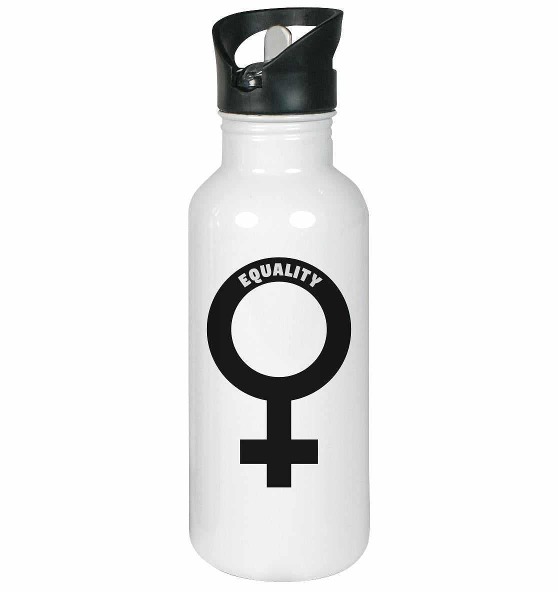 Vegan und Öko Edelstahl-Trinkflasche mit Venussymbol und feministischer Botschaft, schwarzer Deckel, klappbares Mundstück, integrierter Trinkhalm, 600 ml Fassungsvermögen.