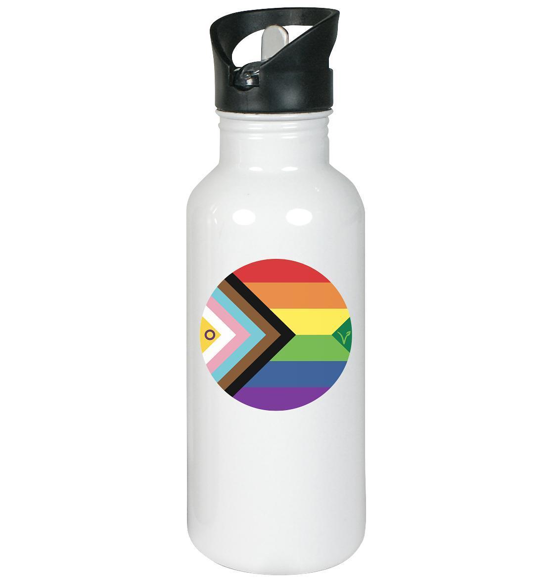 Vegane und öko Edelstahl-Trinkflasche mit klappbarem Mundstück, integriertem Trinkhalm, und Regenbogen-Logo, symbolisiert LGBTQAI+ und Veganismus. Fassungsvermögen: 600 ml.