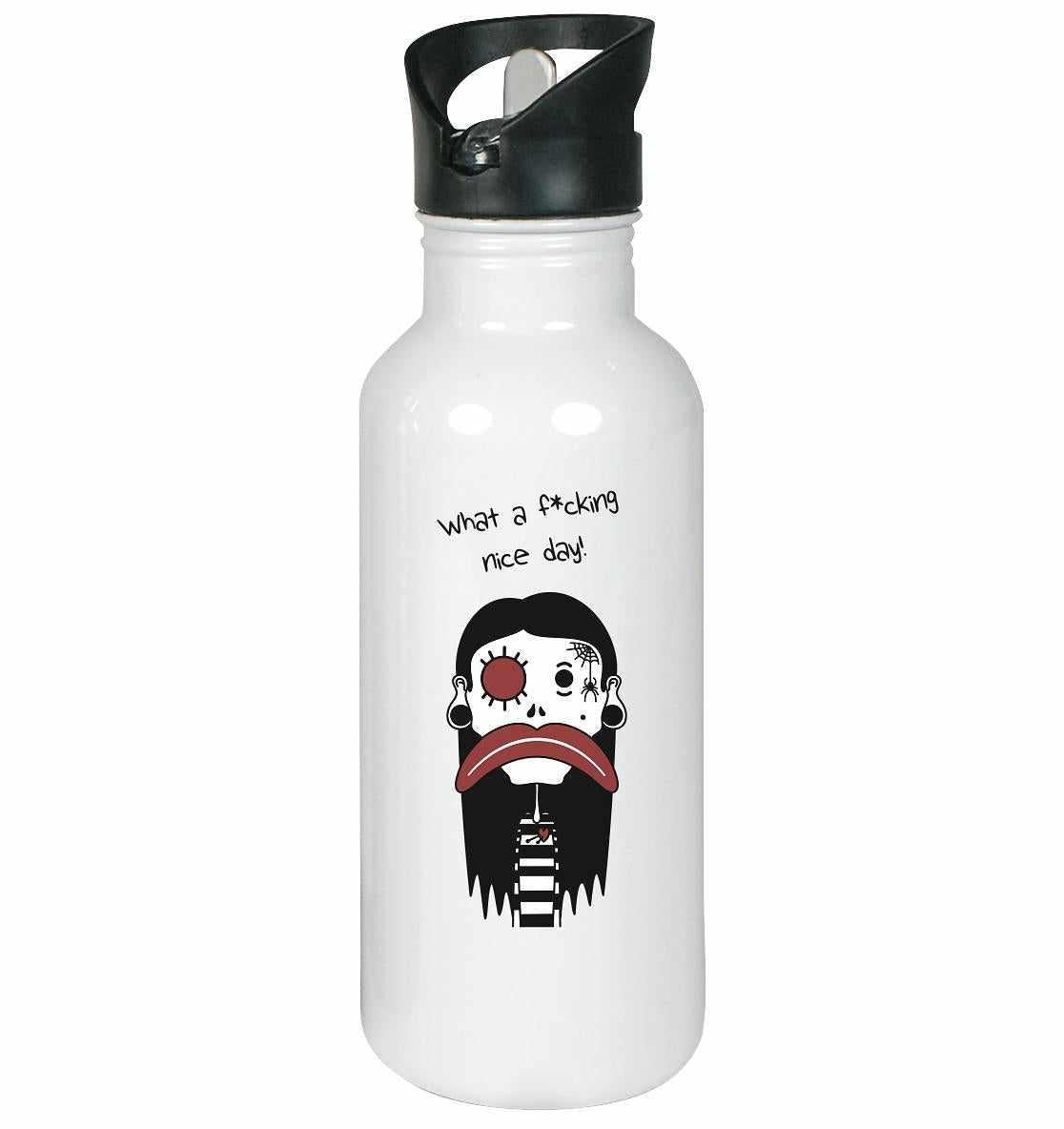 Vegan und Öko Edelstahl-Trinkflasche: Mental health – Bad Day, mit Cartoon-Charakter, schwarzem Deckel, klappbarem Mundstück und integriertem Trinkhalm, 600 ml Fassungsvermögen.