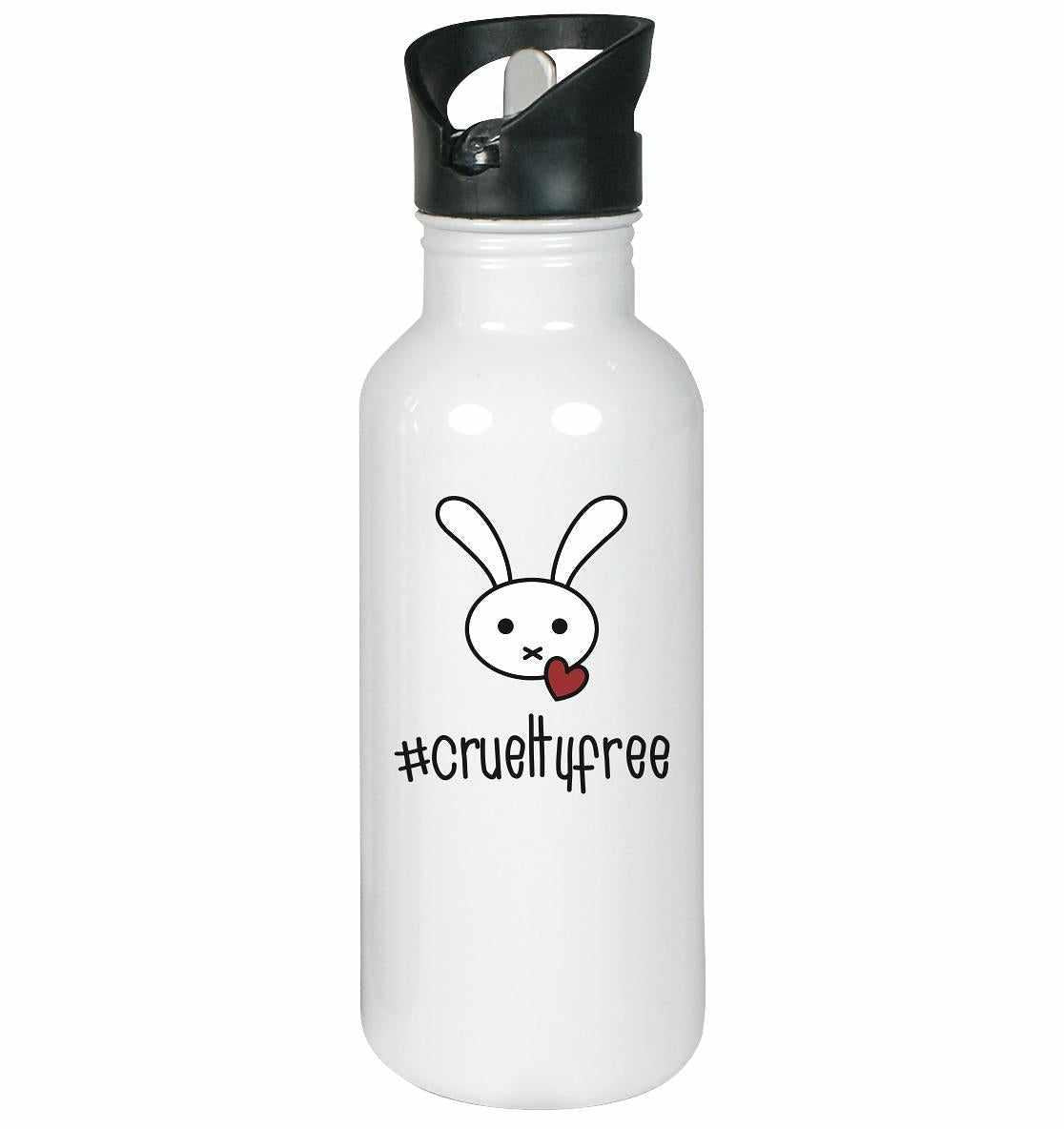 Vegan und Öko Edelstahl-Trinkflasche: Crueltyfree Bunny, mit klappbarem Mundstück, integriertem Trinkhalm, Kaninchen- und Herzmotiv, schwarzer Deckel, 600 ml Kapazität, Handspülung empfohlen.