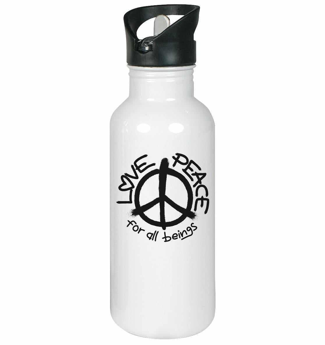 Vegan und Öko Edelstahl-Trinkflasche mit Peace-Symbol, schwarzem Deckel und klappbarem Mundstück, verkörpert Liebe und Frieden, 600 ml, von RUDE REBEL.
