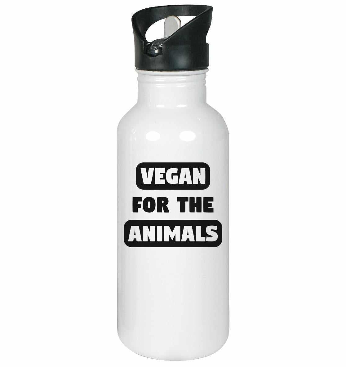 Vegan und Öko Edelstahl-Trinkflasche mit schwarzem Deckel und Trinkhalm, bedruckt mit VEGAN FOR THE ANIMALS. Nachhaltig und umweltfreundlich hergestellt. Fassungsvermögen: 600 ml.