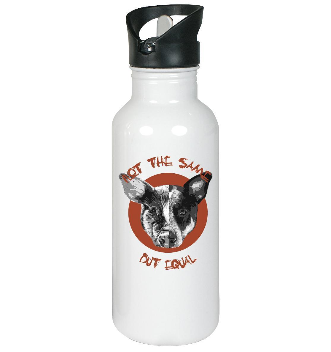 Vegan und Öko Edelstahl-Trinkflasche mit Hundemotiv, klappbarem Mundstück, integriertem Trinkhalm, symbolisiert Tierrechte. Umweltfreundlich und nachhaltig von RUDE REBEL.