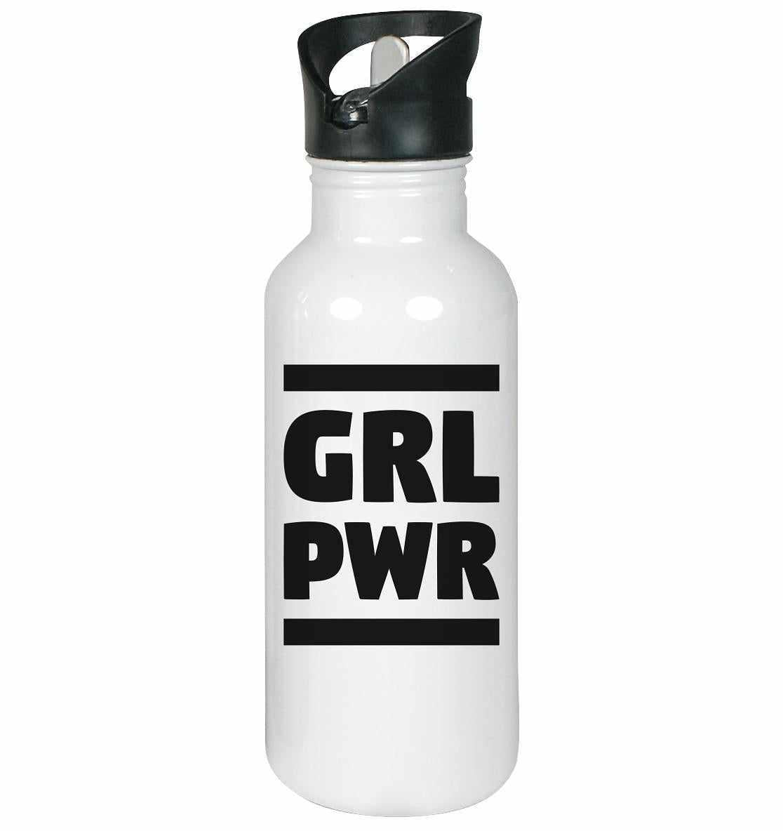 Vegan und Öko Edelstahl-Trinkflasche: GIRL POWER mit feministischer Message, weiß mit schwarzem Deckel, klappbarem Mundstück und integriertem Trinkhalm. Fassungsvermögen: 600 ml.