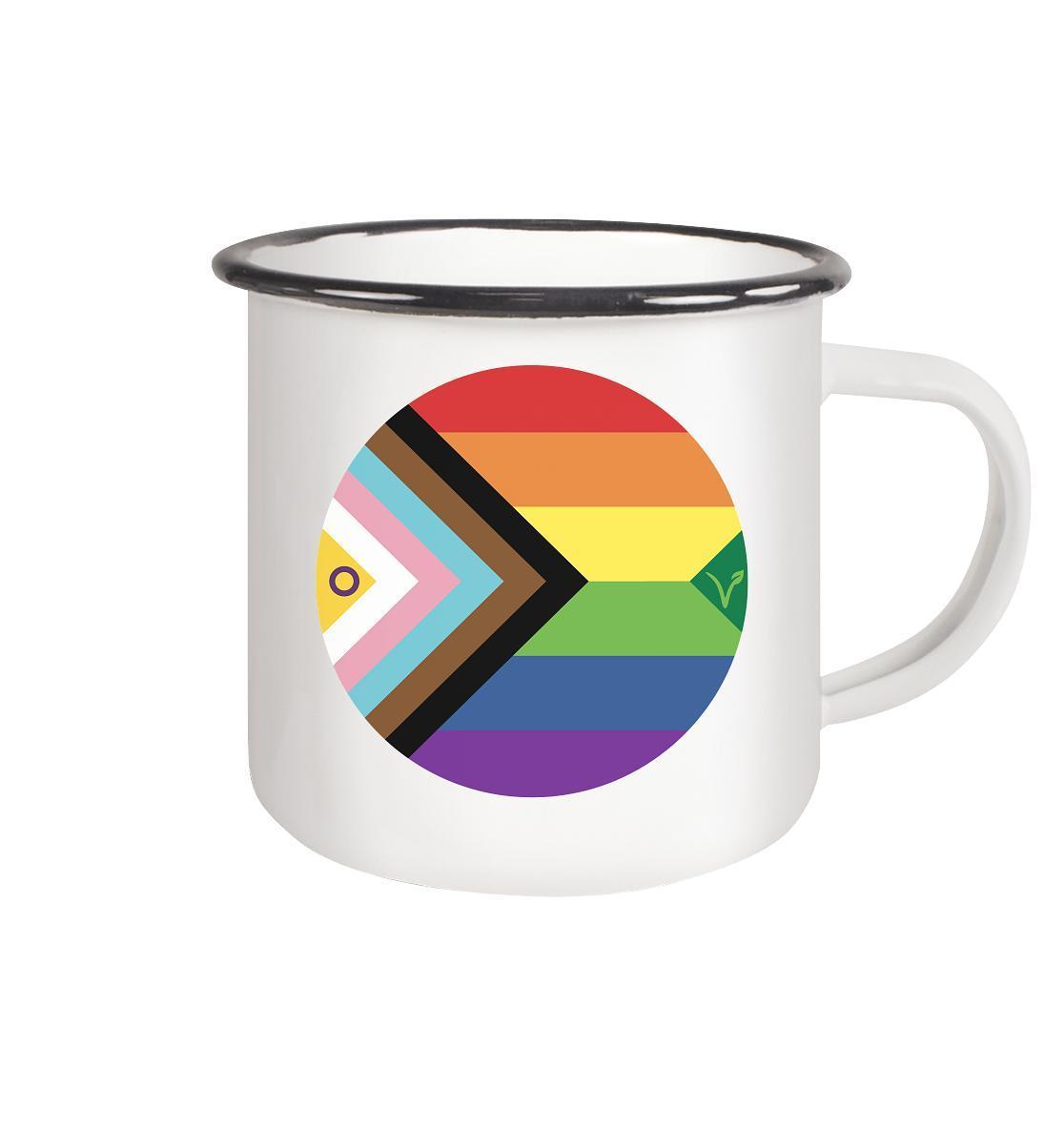 Vegan und Öko Emaille Tasse: LGBTQAI+ VEGAN BIG, weiße Tasse mit Regenbogenkreis und schwarzem Rand, symbolisiert Freiheit und Liebe. Ideal für umweltbewusste, vegane Nutzung.