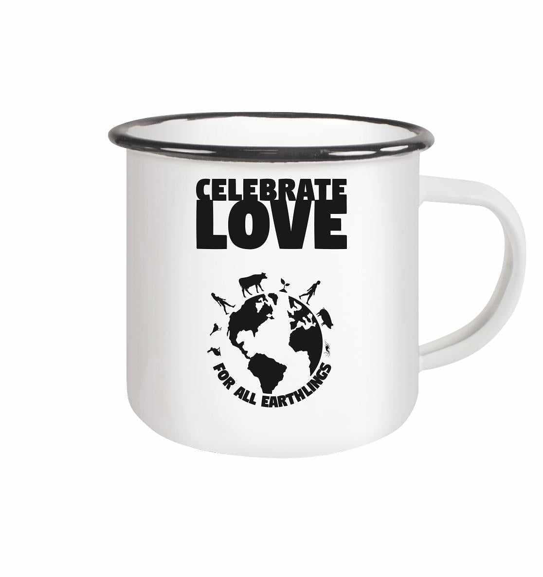 Vegan und Öko Emaille Tasse: Celebrate Love For All Earthlings, weiße Tasse mit schwarzem Rand und Logo, zelebriert Liebe und Nachhaltigkeit. Ideal für bewusste Konsumenten.