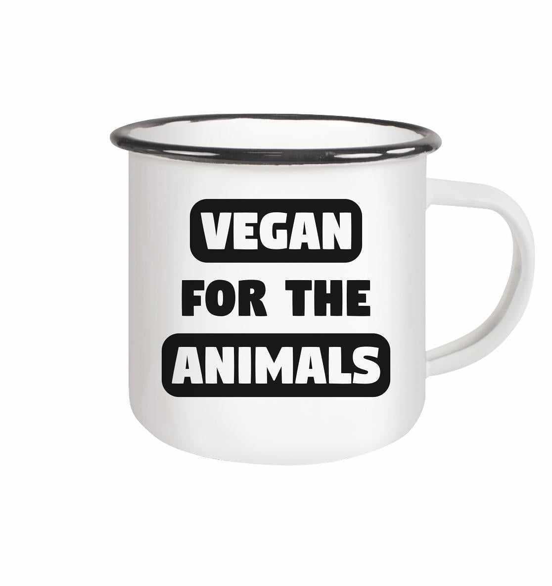 Weiße Emaille Tasse mit schwarzem Rand und der Aufschrift VEGAN FOR THE ANIMALS, vegan und umweltfreundlich produziert.