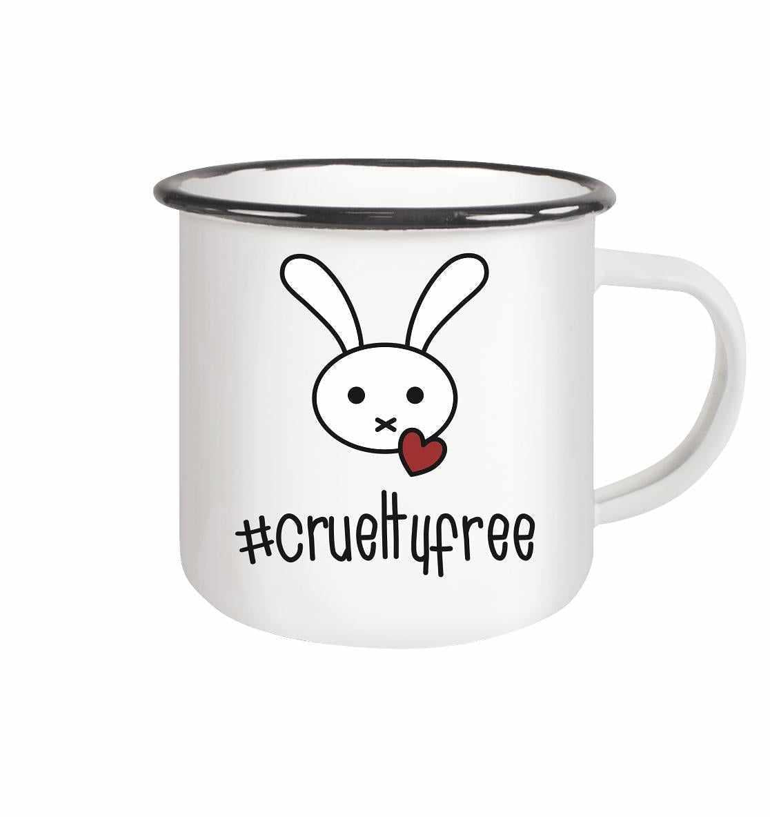 Vegan und Öko Emaille Tasse: Crueltyfree Bunny, weiße Tasse mit Häschen und Herzmotiv, glänzend, schwarzer Rand, symbolisiert vegane Bewegung gegen Tierversuche.