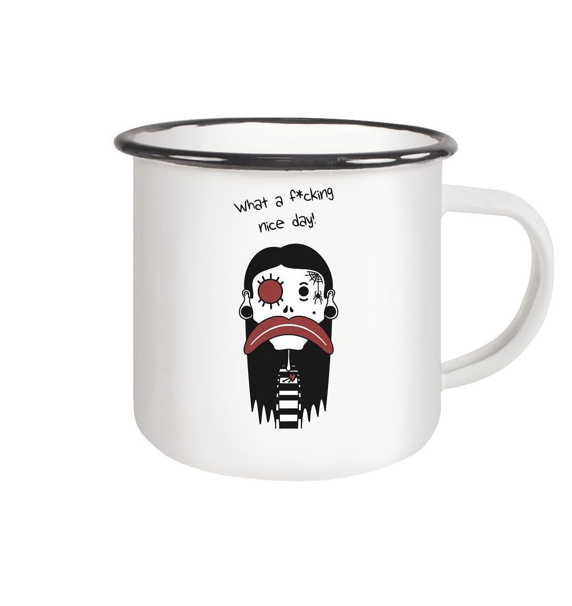 Vegan und Öko Emaille Tasse: Mental Health – Bad Day, weiße Tasse mit Cartoon-Figur und schwarzem Rand, Aufschrift „What a f*cking nice day!“.