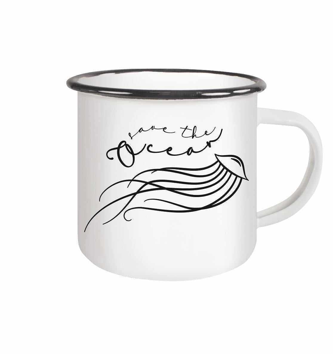 Vegan und Öko Emaille Tasse mit minimalistischem Quallen-Design und Save the Ocean-Aufdruck, weiße Tasse mit schwarzem Rand, umweltfreundlich produziert.