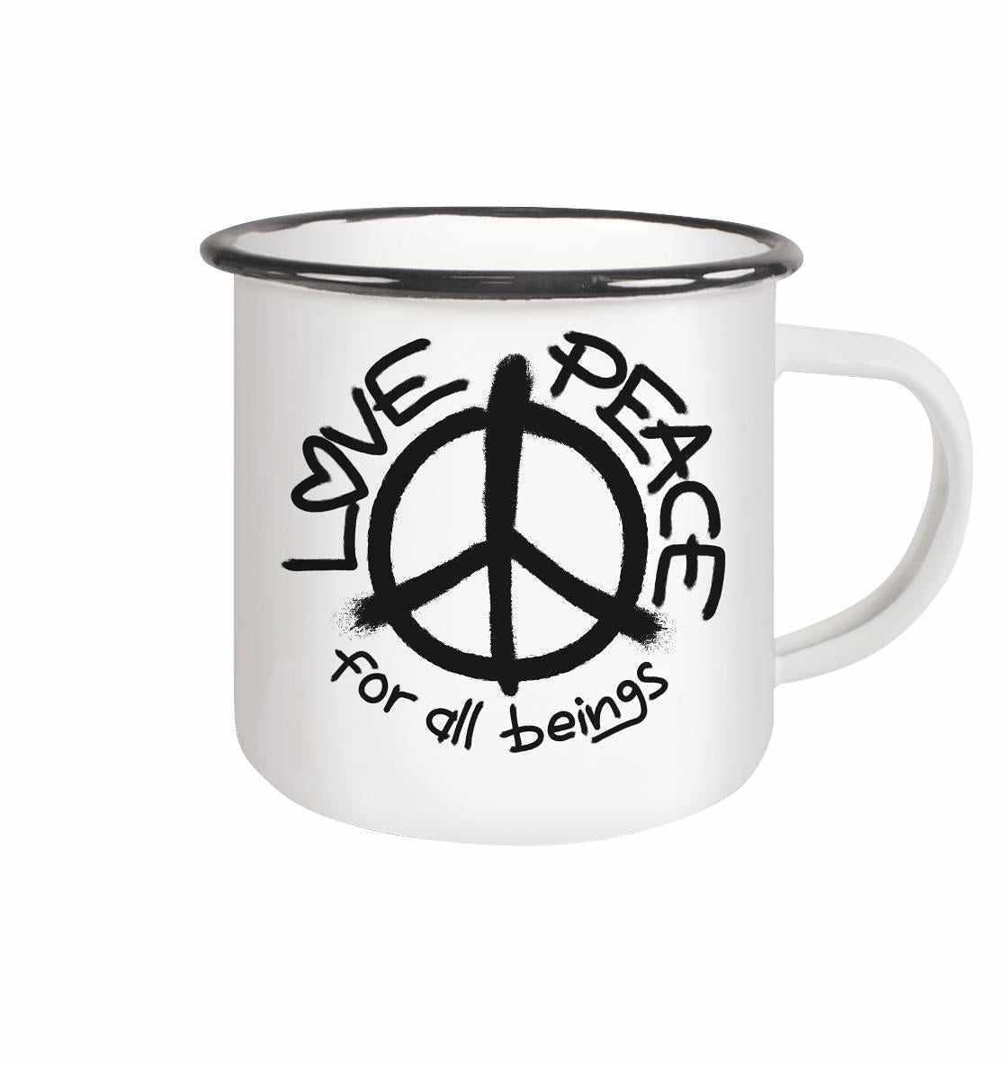 Vegan und Öko Emaille Tasse: LOVE and PEACE for all beings mit schwarzem Rand und Peace-Zeichen, symbolisiert friedliches, nachhaltiges Design.