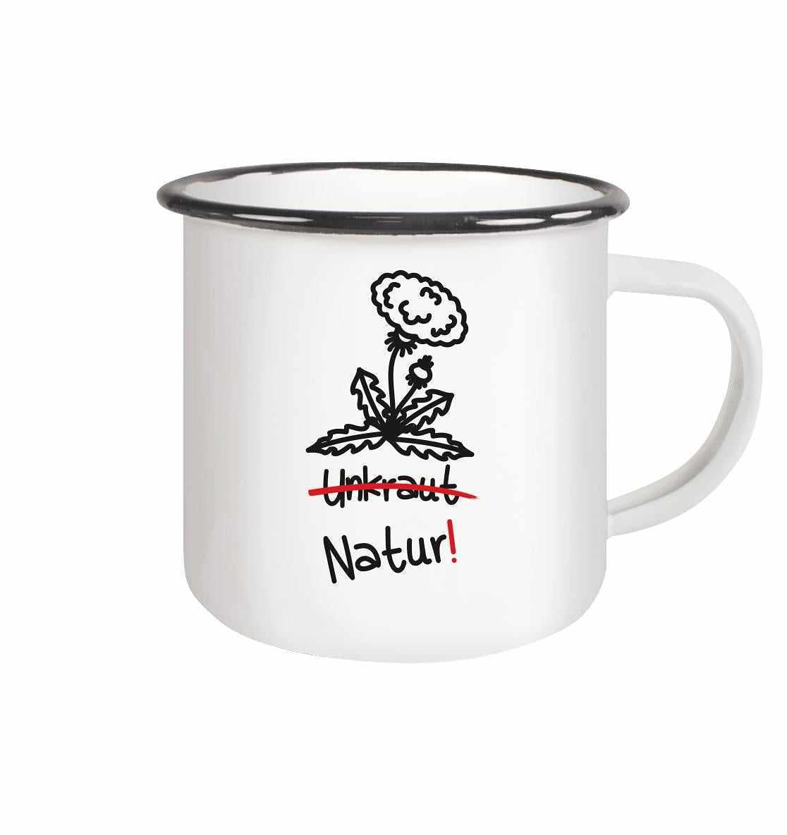 Vegan und Öko Emaille Tasse: Löwenzahn - Naturschutz, weiße Tasse mit schwarzem Rand und Löwenzahnzeichnung, symbolisiert Naturschutz und Pflanzenvielfalt.