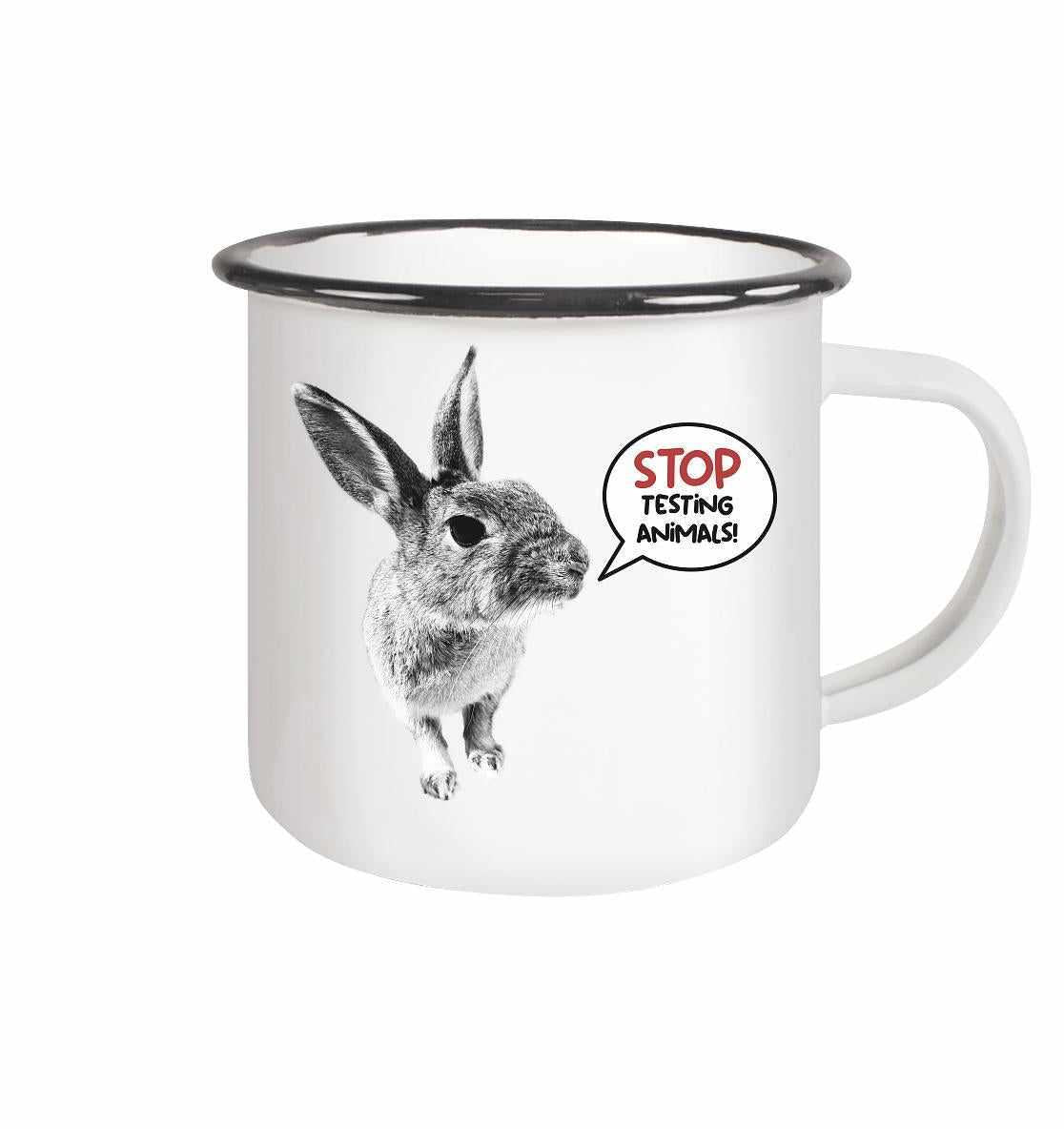 Vegan und Öko Emaille Tasse: Cute Rabbit - Stop Testing Animals! zeigt ein Häschen mit Sprechblase, das Tierrechte unterstützt.