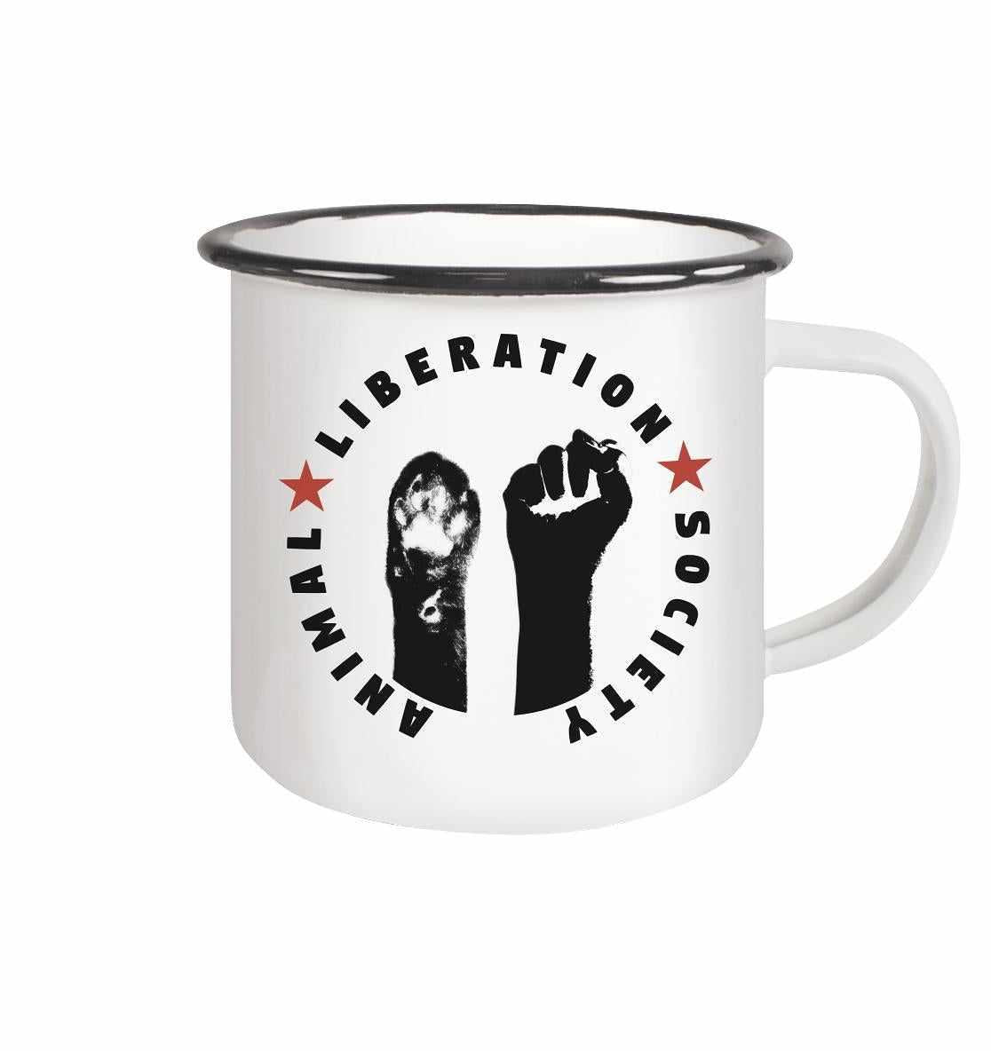 Vegan und Öko Emaille Tasse: Weiße Tasse mit schwarzem Rand, Aufdruck von Pfotenabdrücken und Text, symbolisiert Tierrechtskampf.