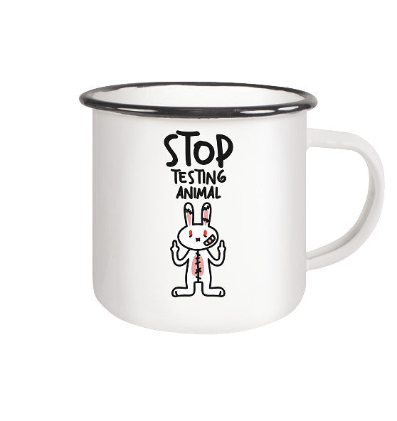 Weiße Emaille-Tasse Vegan und Öko Emaille Tasse: Angry Rabbit - Animal Rights mit schwarzem Rand, Protesthase gegen Tierversuche, hebt mittlere Finger, rebellisches Design von RUDE REBEL.