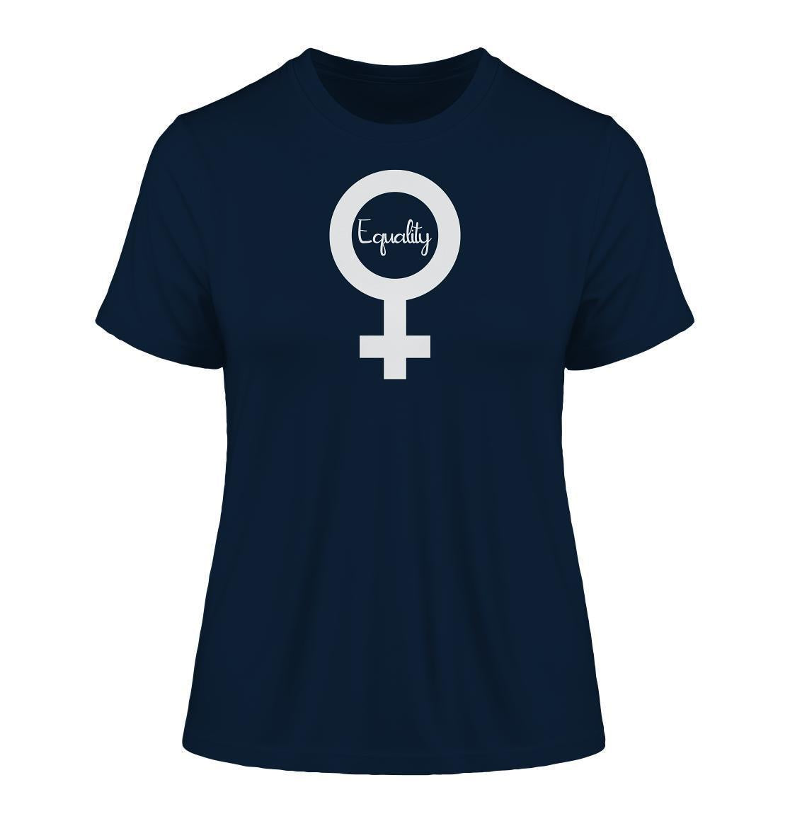 Vegan und Bio Ladies Shirt: Feminismus - Der Kampf um Gleichberechtigung, blaues Shirt mit weißem Symbol, aus Bio-Baumwolle, für Gleichberechtigung der Frauen.