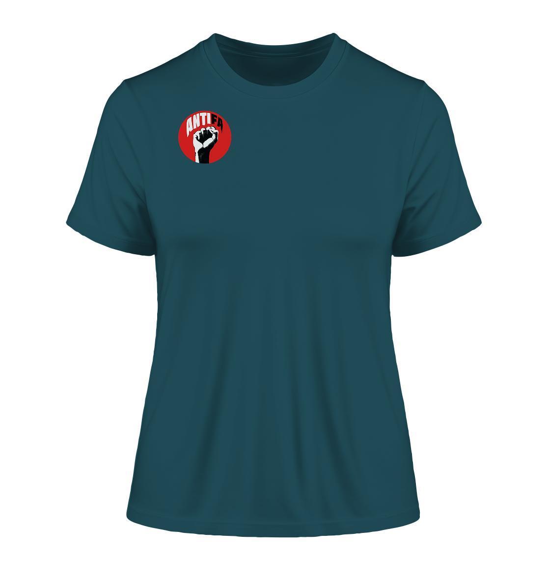 Vegan und Bio Ladies Shirt: Antifa - Gemeinsam gegen Rechts, mit kämpferischem Faustdesign, aus 100% Bio-Baumwolle, umweltfreundlich produziert für ein starkes Statement gegen Faschismus.
