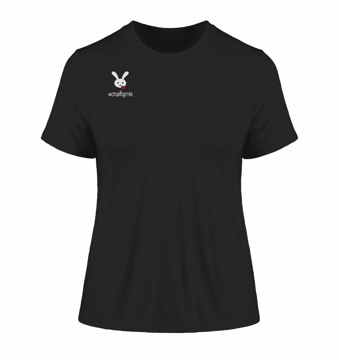 Vegan und Bio Ladies Shirt: Crueltyfree Bunny mit weißem Hasenmotiv, symbolisiert vegane Bewegung und Tierrechtsbewusstsein. Hergestellt aus 100 % Bio-Baumwolle. Ideal für nachhaltige Mode.