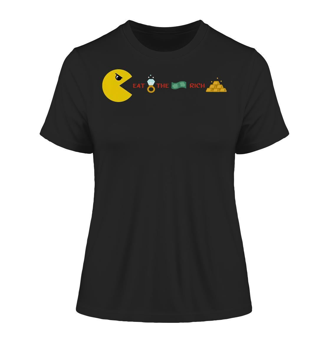Schwarzes Vegan und Bio Ladies Shirt: PAC-MAN - Eat the rich, zeigt gelben Pac-Man mit Goldbarren-Motiv, aus Bio-Baumwolle von RUDE REBEL.