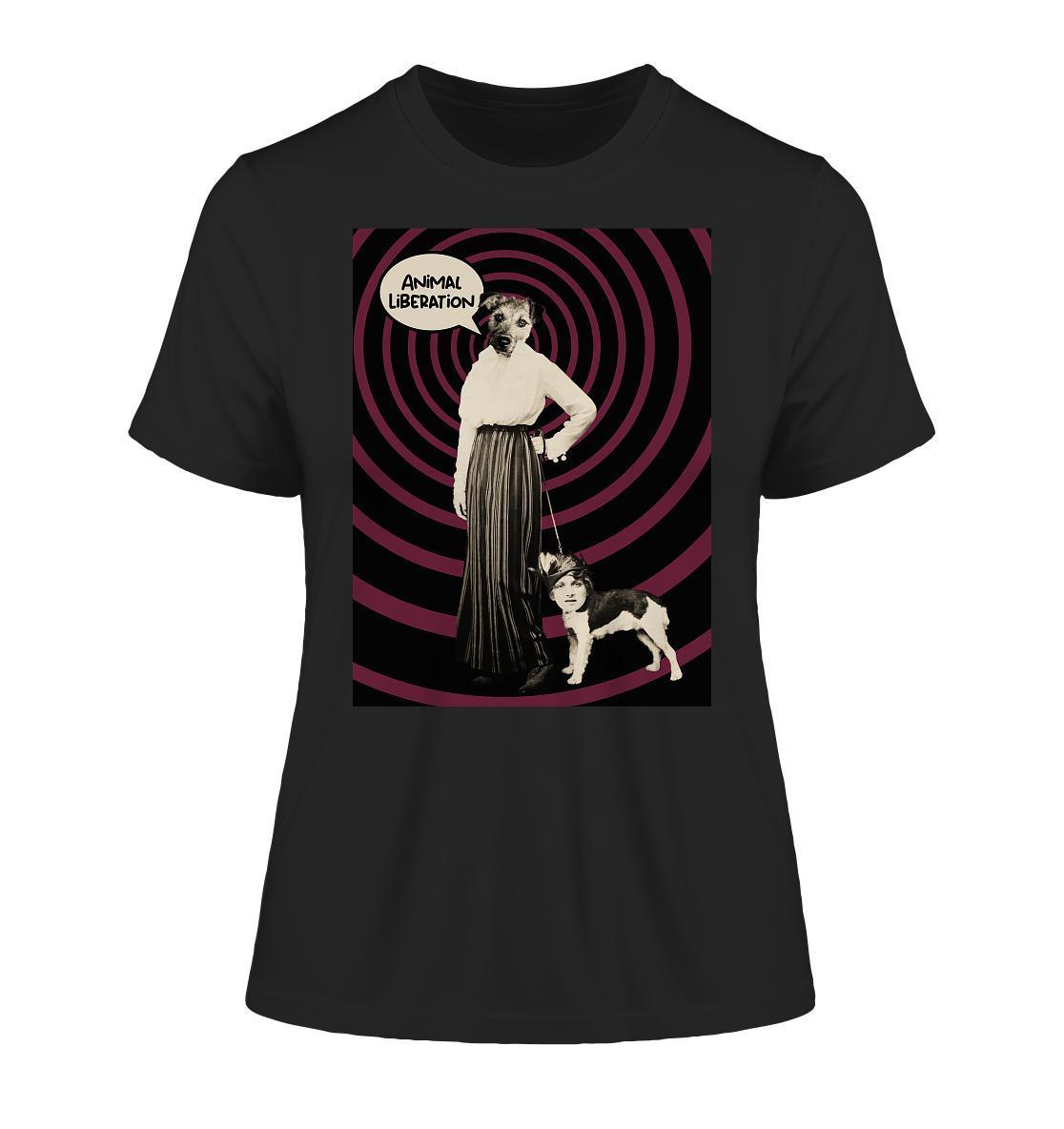 Vegan und Bio Ladies Shirt: Upside Down - Animal Liberation, mit digitaler Collage aus Frau und Hund, inspiriert von Popart und Vintage-Fotografie, aus Bio-Baumwolle.