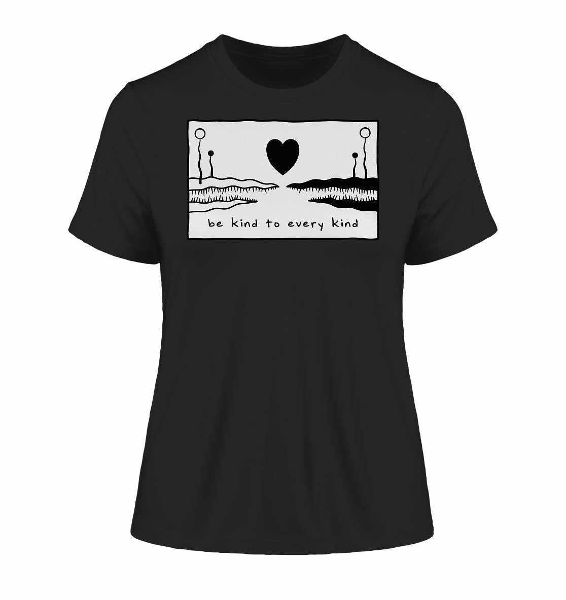 Vegan und Bio Ladies Shirt: Be kind to every kind, mit Herzmotiv und Text, aus Bio-Baumwolle, symbolisiert Liebe und Frieden für alle Wesen.