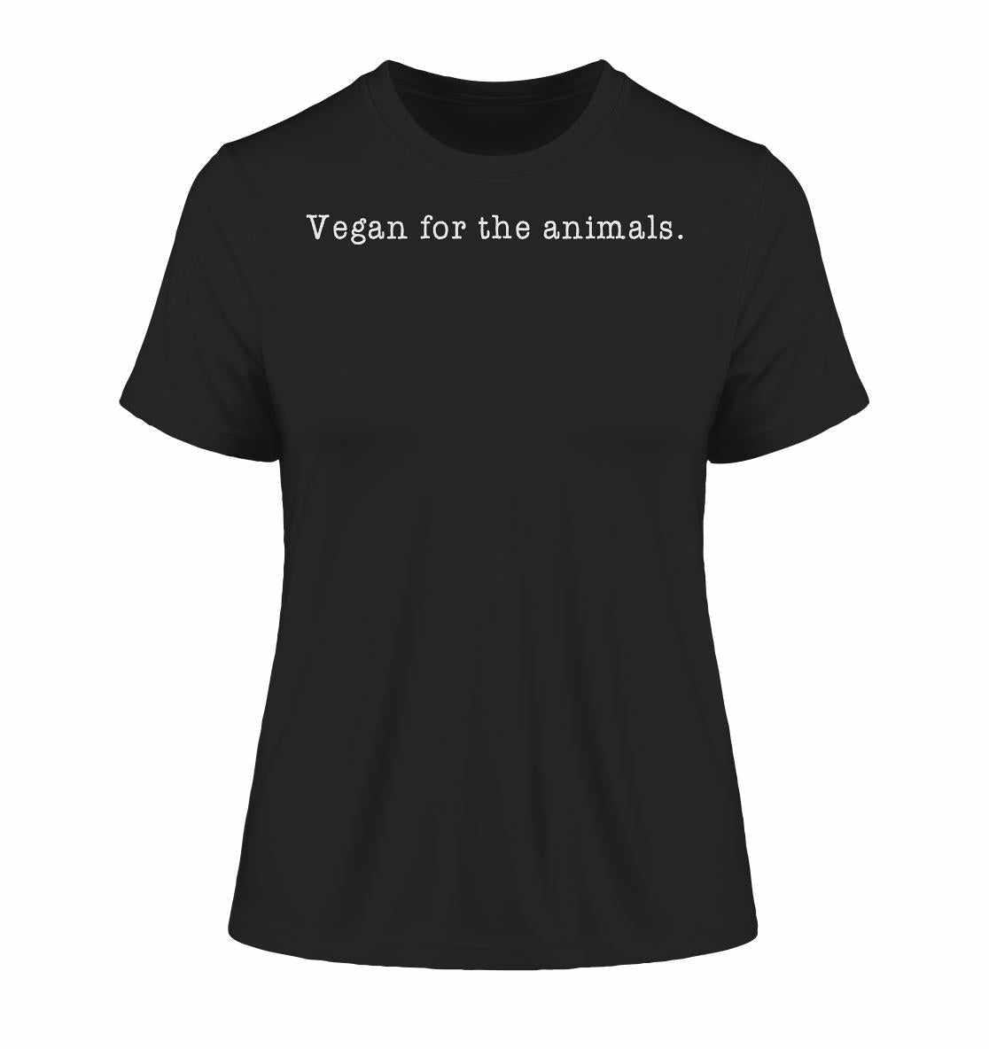 Vegan und Bio Ladies Shirt: Minimalism Design - Vegan for the animals, schwarzes T-Shirt mit weißem Text, aus 100% Bio-Baumwolle, ideal für nachhaltige Mode.