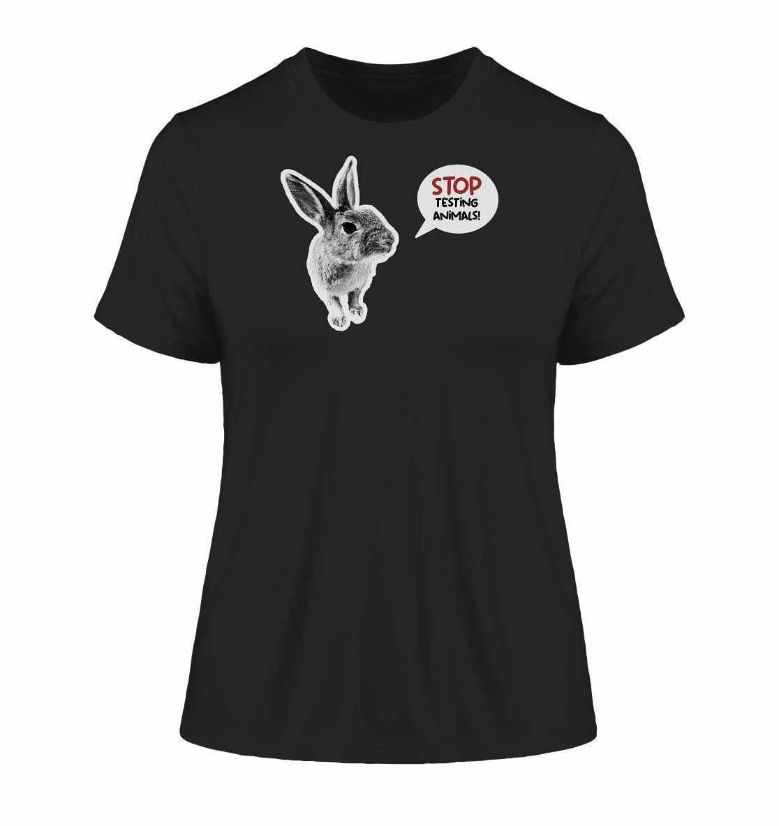 Vegan und Bio Ladies Shirt mit süßem Hasenmotiv und Botschaft Stop Animal Testing! aus nachhaltiger Bio-Baumwolle, designed von RUDE REBEL.